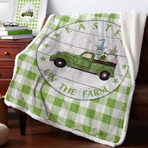 Possta Decor Happy Easter Throw Blanket,Gnome Farm Truck Fuzzy Fluffy Soft Cozy Blankets,Green Buffalo Plaid Bunny Egg Thick Reversible Fleece Flannel Plush Microfiber Throws for Couch Bed Sofa