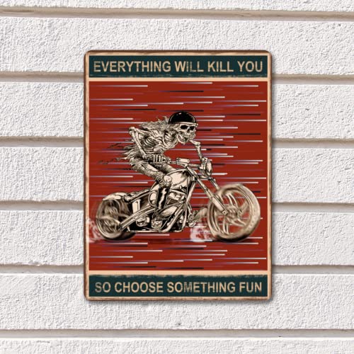 YLAFGUV Skeleton Metal Tin Sign Vintage Funny Skull Metal Sign Decor for Women Men Retro Motorcycle Poster Paintings Metal Wall Decor for Home, Bedroom, Bar, Pub, Man Cave, Art Picture 12x 8 Inch