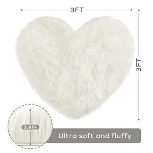 Ashler Heart Shaped Area Rug 3 x 3 Feet, Faux Sheepskin Fur Rug Fluffy Shaggy Rug, White Soft Plush Decorative Machine Washable Carpets for Bedroom Living Room and Sofa