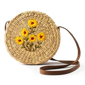 gaiamade seagrass vacation purse with shoulder strap and zipper, round wicker bag, summer purse, embroidered sunflower woven beach bag, basket purse, round rattan bags for women, straw purse