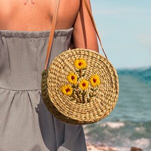 GAIAMADE Seagrass Vacation Purse with Shoulder Strap and Zipper, Round Wicker Bag, Summer Purse, Embroidered Sunflower Woven Beach Bag, Basket Purse, Round Rattan Bags For Women, Straw Purse