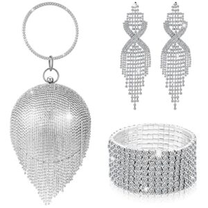 saintrygo 3 pieces silver clutch purses bag for women evening rhinestone jewelry set bling earrings elastic bracelets set rhinestone for women wedding party