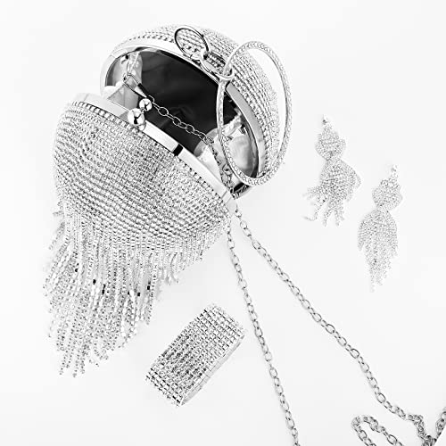 Saintrygo 3 Pieces Silver Clutch Purses Bag for Women Evening Rhinestone Jewelry Set Bling Earrings Elastic Bracelets Set Rhinestone for Women Wedding Party