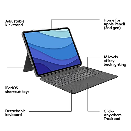 Logitech Combo Touch iPad Pro 12.9-inch (5th, 6th gen - 2021, 2022) Keyboard Case - Detachable Backlit Keyboard with Kickstand, Click-Anywhere Trackpad, Smart Connector - Oxford Gray; USA Layout