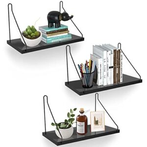 nihome set of 3 small wooden floating shelves, wall-mounted decorative display stand with self-adhesive hooks non-marking installation – 11.7″x5.9″ ideal for home decor, organization, storage (black)