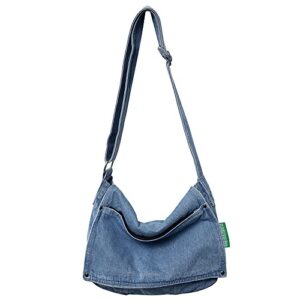 xackwuero women fashion denim casual crossbody bag large capacity tote bag wide strap shoulder bag for shopping working (light blue)