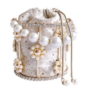umren women luxury pearl diamonds evening bags top-handle metal bucket bag crystal chic purses formal wedding handbags (one size, ivory)