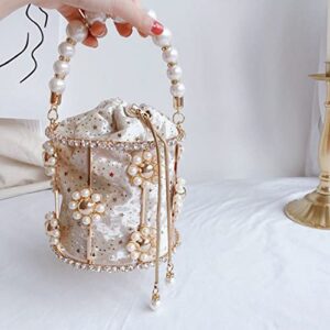 UMREN Women Luxury Pearl Diamonds Evening Bags Top-Handle Metal Bucket Bag Crystal Chic Purses Formal Wedding Handbags (One Size, Ivory)