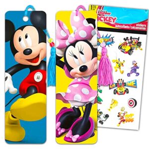 classic disney disney mickey and minnie mouse bookmark set – bundle with 1 mickey mouse bookmark, 1 minnie mouse bookmark, and mickey roadster stickers (mickey party favors)