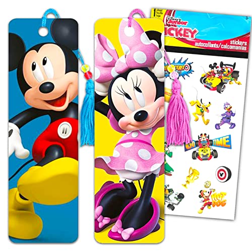 Classic Disney Disney Mickey and Minnie Mouse Bookmark Set - Bundle with 1 Mickey Mouse Bookmark, 1 Minnie Mouse Bookmark, and Mickey Roadster Stickers (Mickey Party Favors)