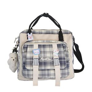kawaii backpack with plush bear pendant, cute plaided japanese ita handbag crossbody shoulder bag aesthetic tote bag (black)