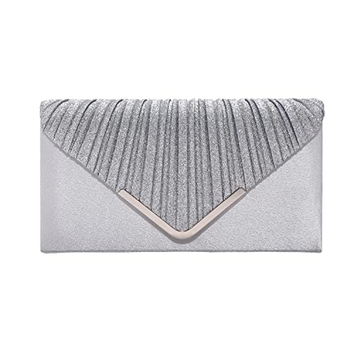 Women Silver Evening Bags Clutch Purses for Wedding Party Formal Dressy Handbag with Shoulder Chain