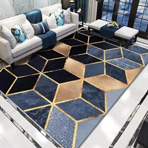 3D Print Cube Marble Rugs for Living Room Bedroom Blue and Gold Carpet Abstract Non Slip Area Rug 63"x47.2"