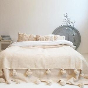 Moroccan Blanket Pom Pom Throw with Tassels Handwoven Cotton King Bed Size (Small - 59 in x 59 in)