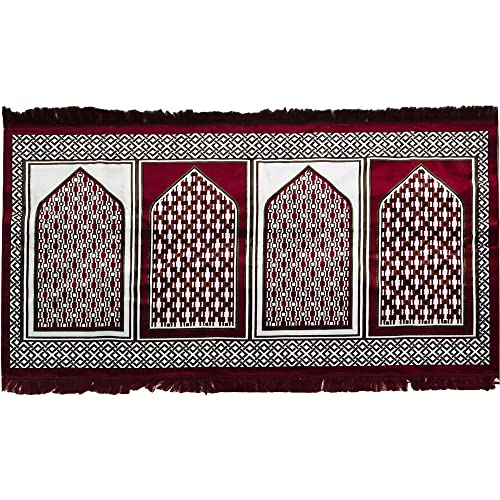 Modefa Turkish Islamic Prayer Rug - Multi Person Janamaz Sajada for Family or Mosque - Large Gathering & Group Praying Carpet - Wide Plush Velvet Praying Mat - Geometric Red & Green (Red - 4 Person)