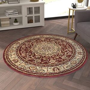EMMA + OLIVER Zada Ultra Soft 4'x4' Octagon Olefin Accent Rug with Traditional Multicolor Medallion Design in Burgundy with Natural Jute Backing