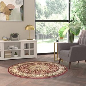 EMMA + OLIVER Zada Ultra Soft 4'x4' Octagon Olefin Accent Rug with Traditional Multicolor Medallion Design in Burgundy with Natural Jute Backing