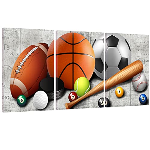 HLiWEGNS Kids Room Decor, Aesthetic Sports Canvas Wall Art for Boys Bedroom, Basketball Football Baseball Painting Poster Toddler Playroom Balls Picture Sets Teens Men Gift for Office Living Room