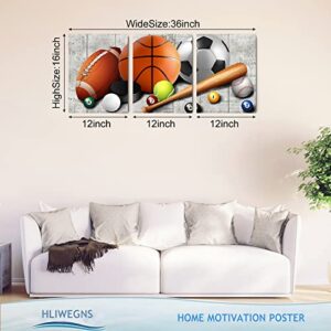 HLiWEGNS Kids Room Decor, Aesthetic Sports Canvas Wall Art for Boys Bedroom, Basketball Football Baseball Painting Poster Toddler Playroom Balls Picture Sets Teens Men Gift for Office Living Room