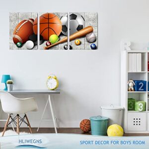 HLiWEGNS Kids Room Decor, Aesthetic Sports Canvas Wall Art for Boys Bedroom, Basketball Football Baseball Painting Poster Toddler Playroom Balls Picture Sets Teens Men Gift for Office Living Room