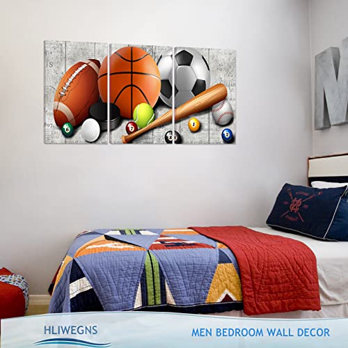 HLiWEGNS Kids Room Decor, Aesthetic Sports Canvas Wall Art for Boys Bedroom, Basketball Football Baseball Painting Poster Toddler Playroom Balls Picture Sets Teens Men Gift for Office Living Room