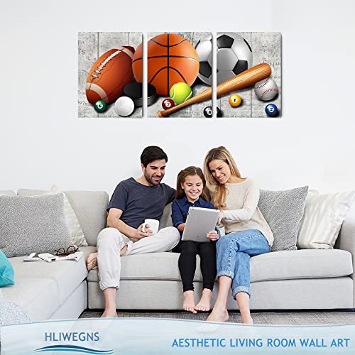 HLiWEGNS Kids Room Decor, Aesthetic Sports Canvas Wall Art for Boys Bedroom, Basketball Football Baseball Painting Poster Toddler Playroom Balls Picture Sets Teens Men Gift for Office Living Room