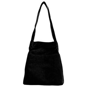 Van Caro Women Corduroy Tote Bag Casual Tote Handbag Big Capacity Shoulder Shopping Bag with Pocket,Black