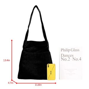 Van Caro Women Corduroy Tote Bag Casual Tote Handbag Big Capacity Shoulder Shopping Bag with Pocket,Black