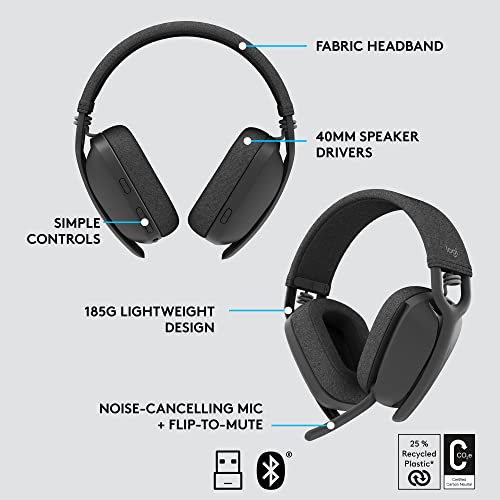 Logitech Zone Vibe 125 Wireless Headphones with Noise-Canceling Microphone, Bluetooth, USB-A Receiver; Works with Zoom, Google Voice/Meet, Mac/PC - Graphite