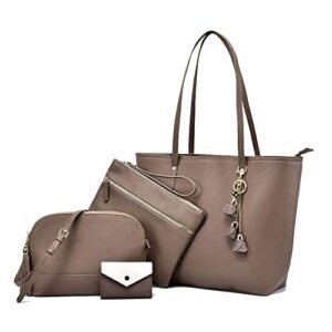 large tote bags for women shoulder bags leather clutch purses and wallet 4 pcs set khaki