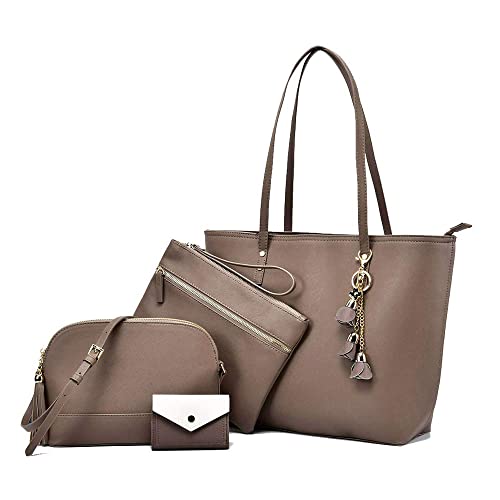 Large Tote Bags for Women Shoulder Bags Leather Clutch Purses and Wallet 4 pcs Set Khaki