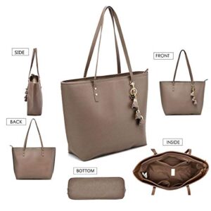 Large Tote Bags for Women Shoulder Bags Leather Clutch Purses and Wallet 4 pcs Set Khaki