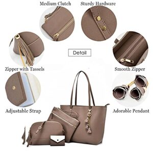 Large Tote Bags for Women Shoulder Bags Leather Clutch Purses and Wallet 4 pcs Set Khaki