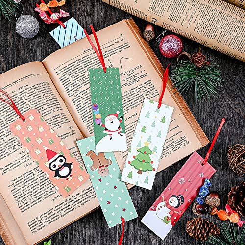 Christmas Holiday Bookmarks Christmas Character Bookmarks with Santa Snowman Reindeer Christmas Tree Design for Xmas Gifts Party Favors (60 Pieces)