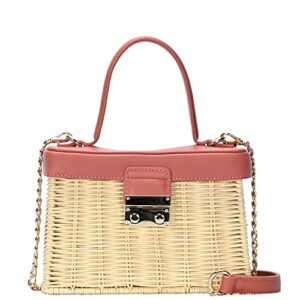 top-handle structured rattan straw 2-way boxy satchel purse handbag crossbody (rose)