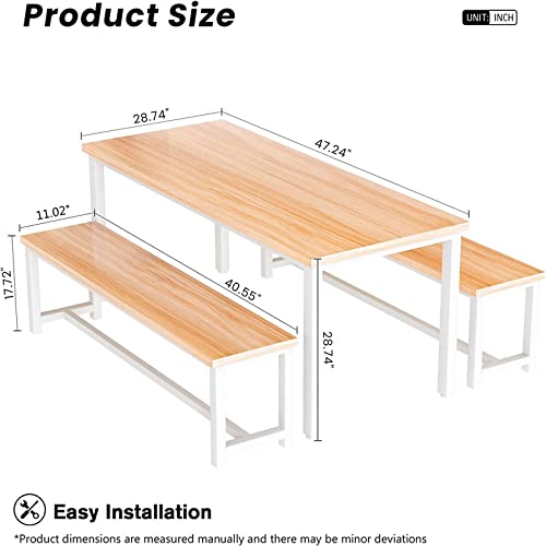 Recaceik Dining Room Table Set with 2 Benches, Kitchen Dining Table Set for 2-4 Person, Space Saving Kitchen Table and Chair Set with Metal Frame for Dining Room, Small Space, Breakfast Nook(Walnut)