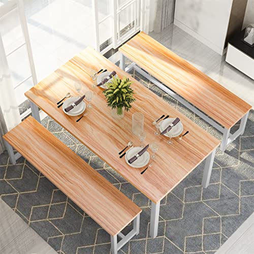Recaceik Dining Room Table Set with 2 Benches, Kitchen Dining Table Set for 2-4 Person, Space Saving Kitchen Table and Chair Set with Metal Frame for Dining Room, Small Space, Breakfast Nook(Walnut)