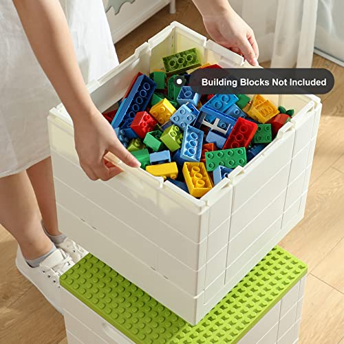 SHIMOYAMA Collapsible Kids Storage Box with Building Base for Lego Duplo Blocks, 26 Qt. Toy Organizer for Boys and Girls, 25L Stackable Toy Chests for Children, Green