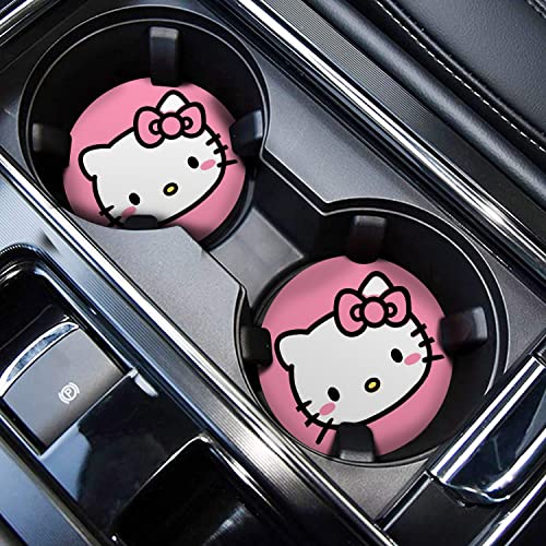 Hello Pink Cat Anime Car Cup Holder Coasters - 2PCS 2.75" Cute Kitty Cat Kawaii Cartoon Cat Car Cup Holder Insert Coasters Car Coasters for Women Girl - Silicone Car Cup Coasters Best Gifts by FLYEEGO