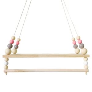 yincoo wooden rope swing floating shelves with wood beads, hanging rod for wall bedroom kids living room playroom boho decor ornaments nordic display (pink)