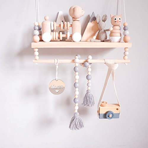 YINCOO Wooden Rope Swing Floating Shelves with Wood Beads, Hanging Rod for Wall Bedroom Kids Living Room Playroom Boho Decor Ornaments Nordic Display (Pink)