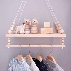 YINCOO Wooden Rope Swing Floating Shelves with Wood Beads, Hanging Rod for Wall Bedroom Kids Living Room Playroom Boho Decor Ornaments Nordic Display (Pink)