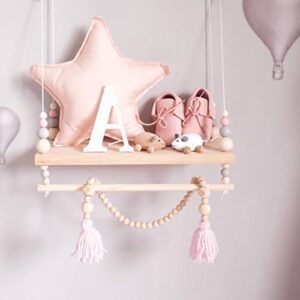 YINCOO Wooden Rope Swing Floating Shelves with Wood Beads, Hanging Rod for Wall Bedroom Kids Living Room Playroom Boho Decor Ornaments Nordic Display (Pink)