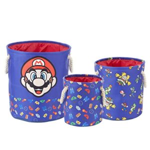 Idea Nuova Nintendo Super Mario 3 Piece Multi Size Fabric Nestable Toy Storage Basket Set, with Rope Carry Handles