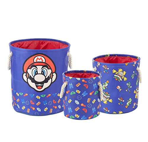 Idea Nuova Nintendo Super Mario 3 Piece Multi Size Fabric Nestable Toy Storage Basket Set, with Rope Carry Handles