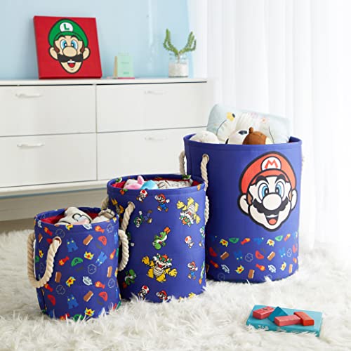 Idea Nuova Nintendo Super Mario 3 Piece Multi Size Fabric Nestable Toy Storage Basket Set, with Rope Carry Handles