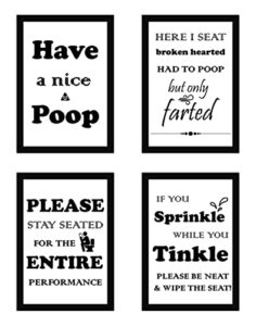 bathroom quotes and sayings art prints, set of four photos 8×11 unframed | aesthetic bath decorations, great gift for restroom and toilet decor, black and white funny home wall pictures, hillarious/humorous, perfect for housewarming gifts under $10