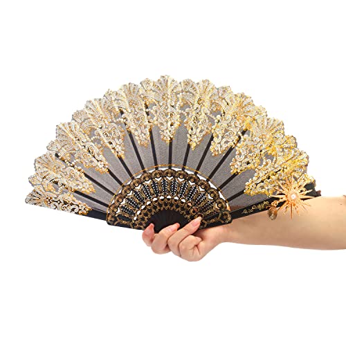 Simple polymer Folding Hand Fans Lace Handheld Fan European Retro Folding Fan Chinese Folding Fan for Dancing Props Cosplay Wedding Gift Party Favors,Black