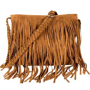 bymee hippie suede fringe tassel crossbody bag for women western hobo shoulder bag vintage messenger bag (coffee)