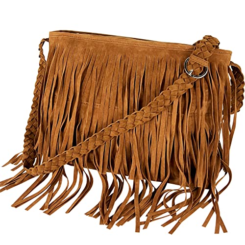 BYMEE Hippie Suede Fringe Tassel Crossbody Bag for Women western Hobo Shoulder Bag Vintage Messenger Bag (Coffee)